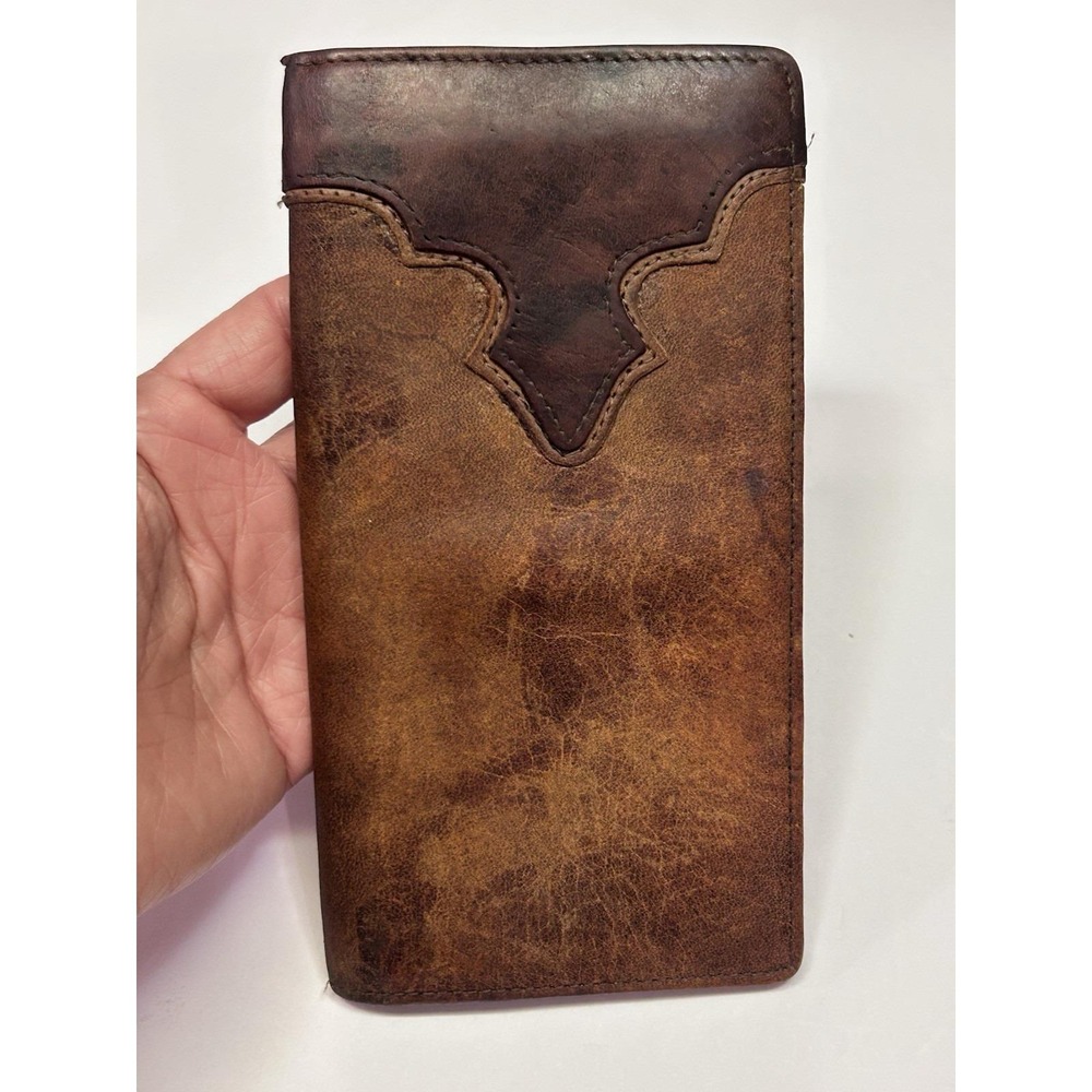 Vintage Stetson Full Grain Leather Western Checkbook Wallet Brown Distressed USA